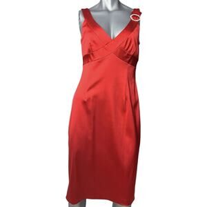 David Meister Dress Cocktail Sheath Red Sleeveless Satin 12 V-neck Brooch NWT